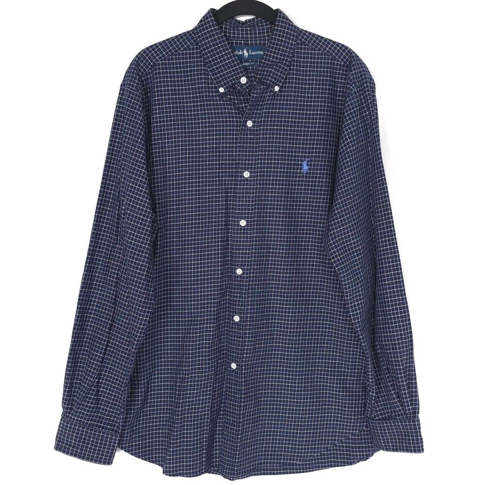 POLO RALPH LAUREN Mens Classic Fit Shirt Blue LARGE Check Button Down‎ Cotton